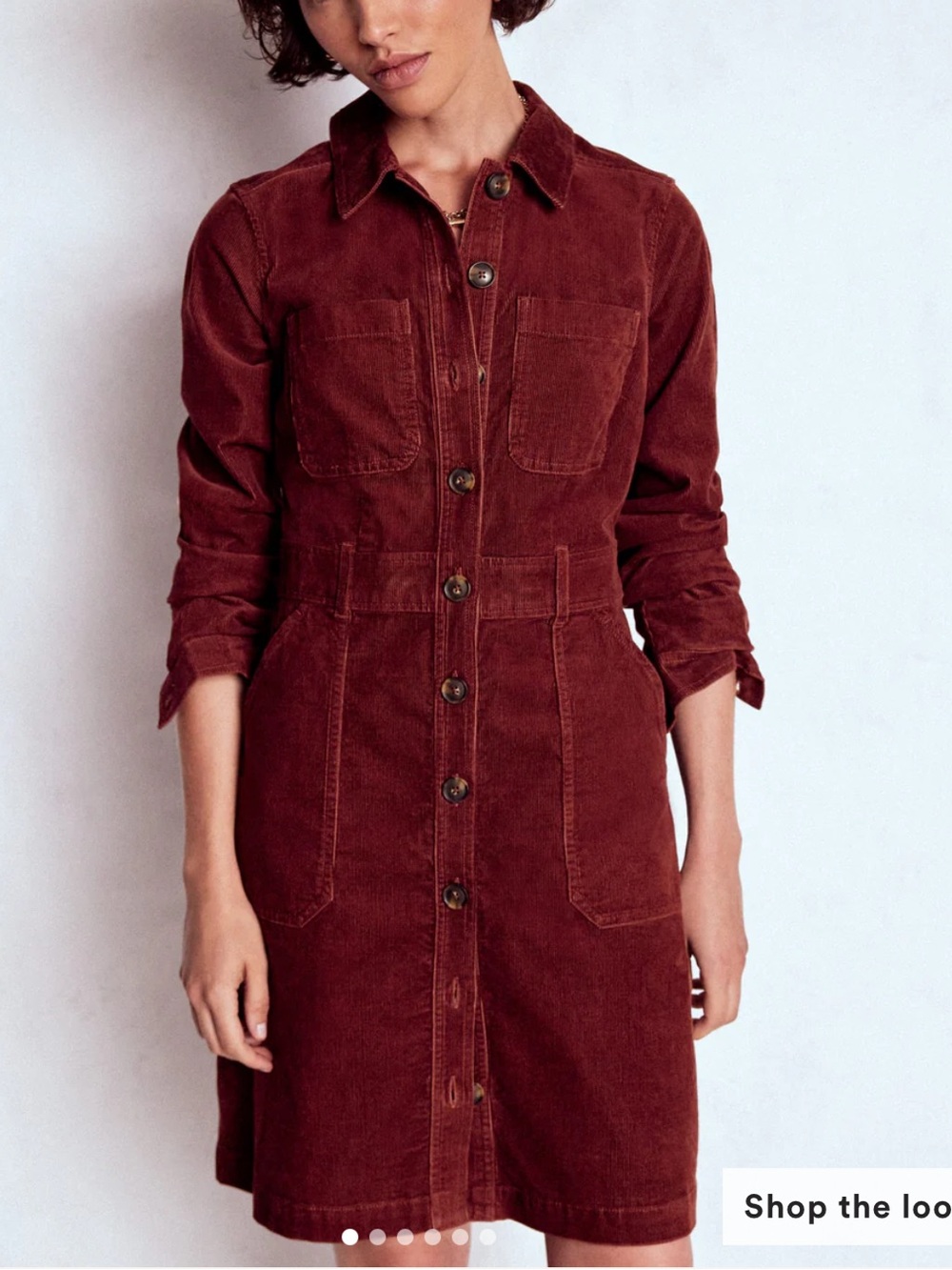 Boden Corduroy Button Front Shirt Dress in Wine Red Size 12 Petite